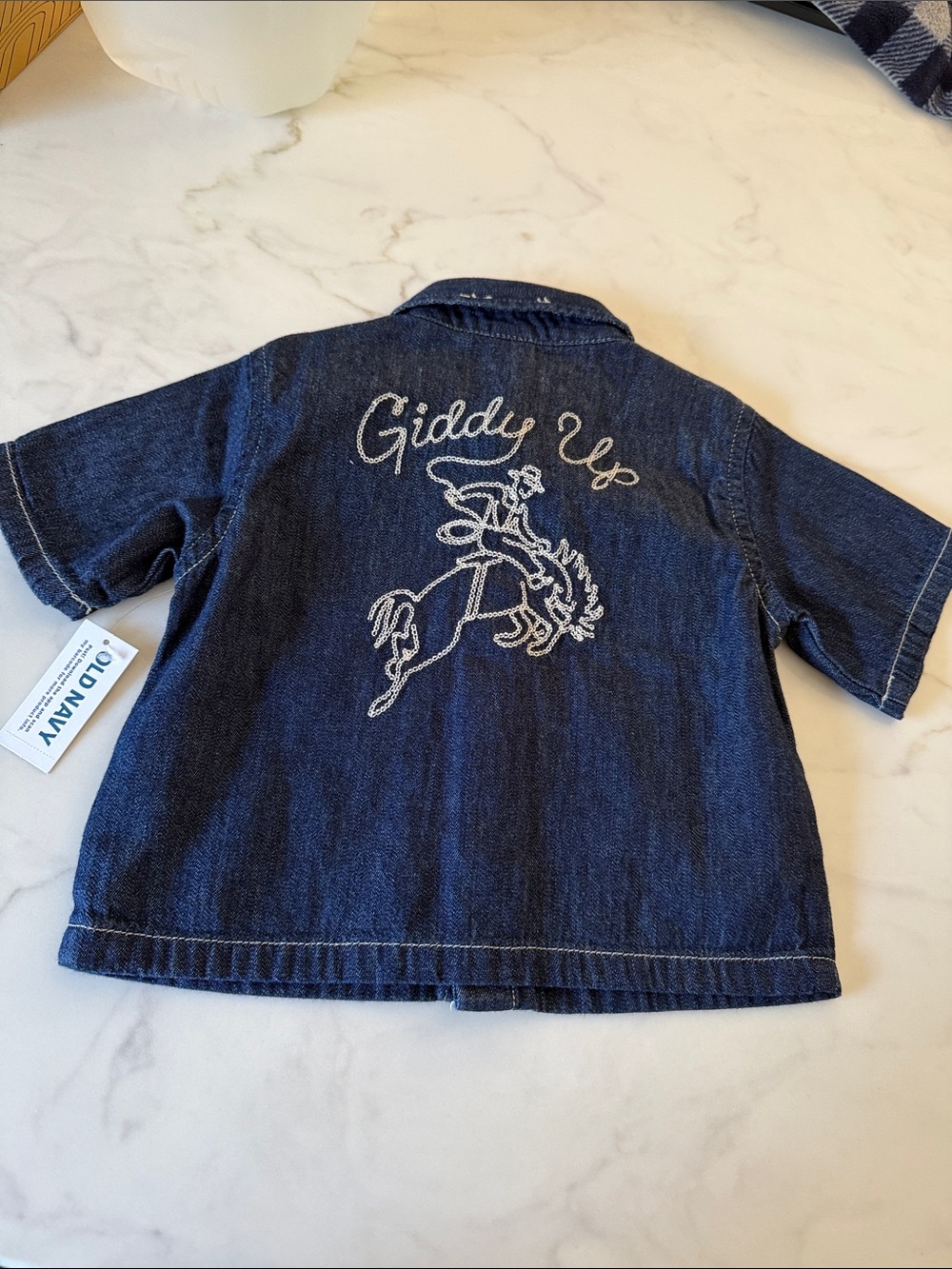 Old Navy Dark Blue Denim Button-Front Kids Shirt “Giddy up” cowboy